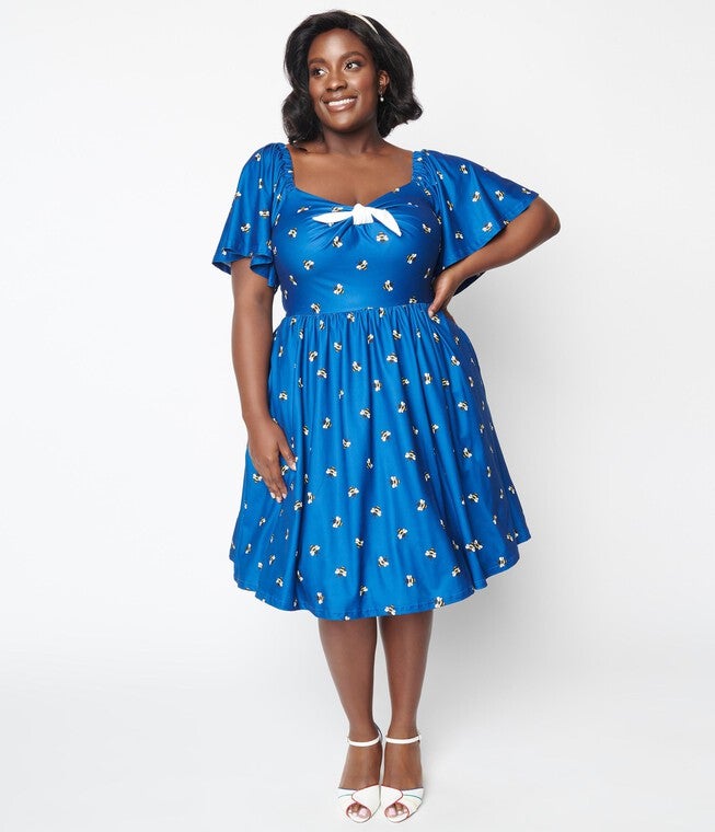 Unique Vintage Curve Blue Bee Print Swing Dress, Blue Bee Print / Royal Blue, hi-res image number null