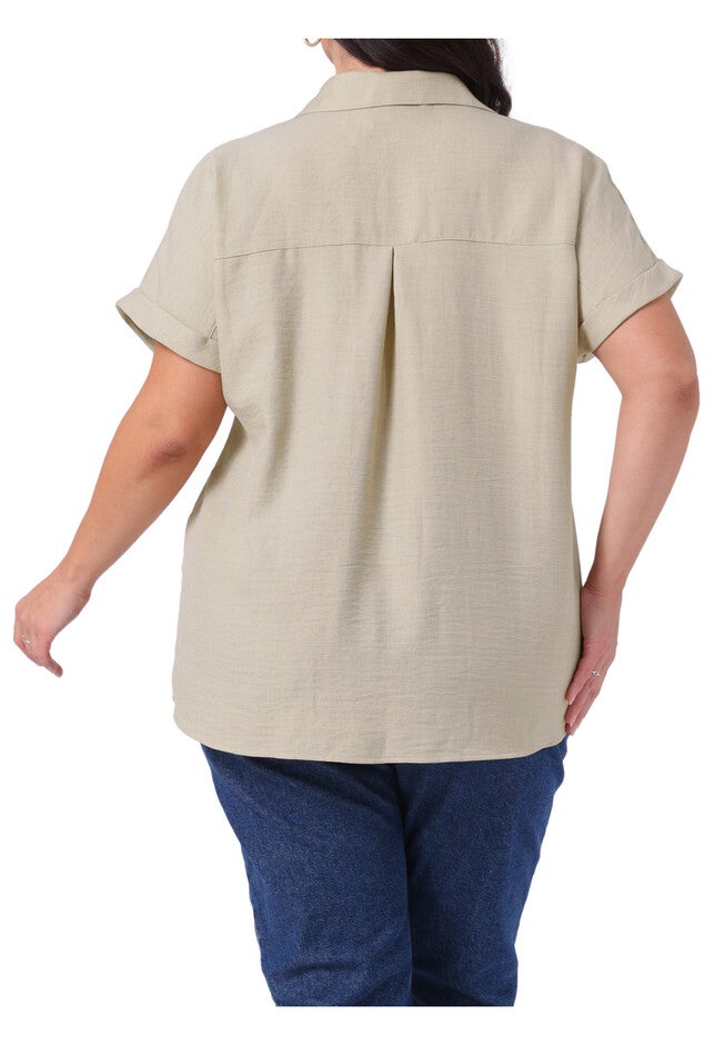 Button Down Short Sleeve Collared Top with Chest Pocket, Beige / Beige, alternate image number 4
