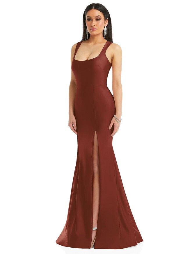 Square Neck Stretch Satin Mermaid Dress with Slight Train, Auburn Moon / Terracotta, hi-res image number 0
