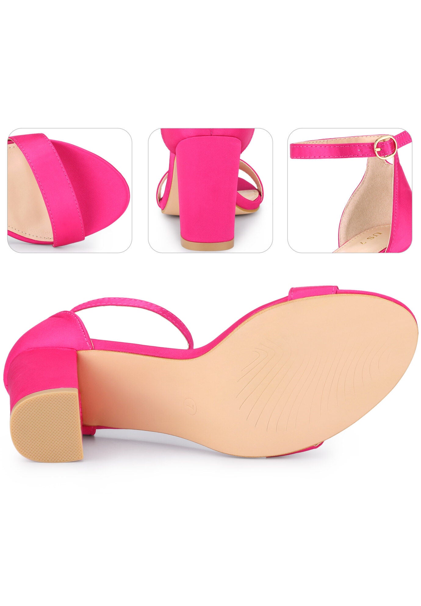 Open Toe High Heel Ankle Strap Satin Block Heels Sandals, Fuchsia / Deep Fuchsia, alternate image number 2