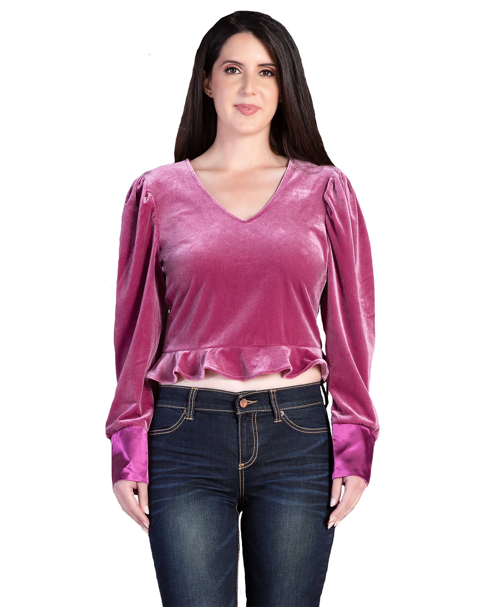 Plus Size Stretch Velvet Peplum Top, Rose / Pink, hi-res image number 0