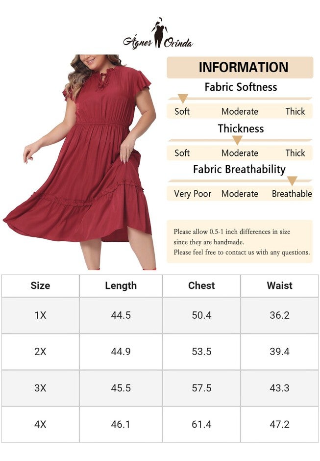 Summer Bow Tie Neck Ruffle Cap Sleeve A Line Midi Dress, Red / Red, alternate image number null