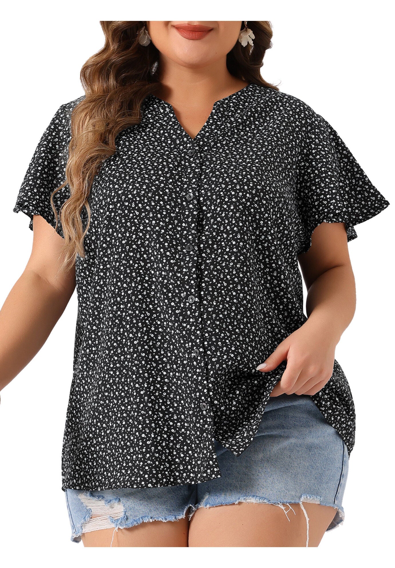 Flare Short Sleeve Button Down Floral Top Chiffon Shirt, Black White / Black, alternate image number 2
