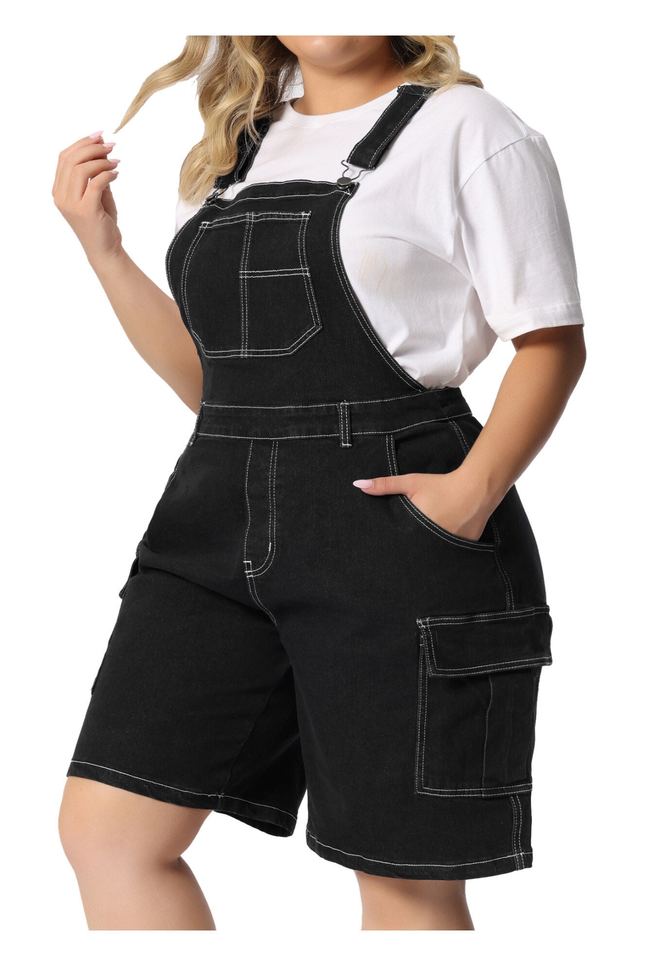 ADJUSTABLE STRAP BIB CARGO POCKET JEAN DENIM OVERALL SHORTS, Black / Black, alternate image number 2