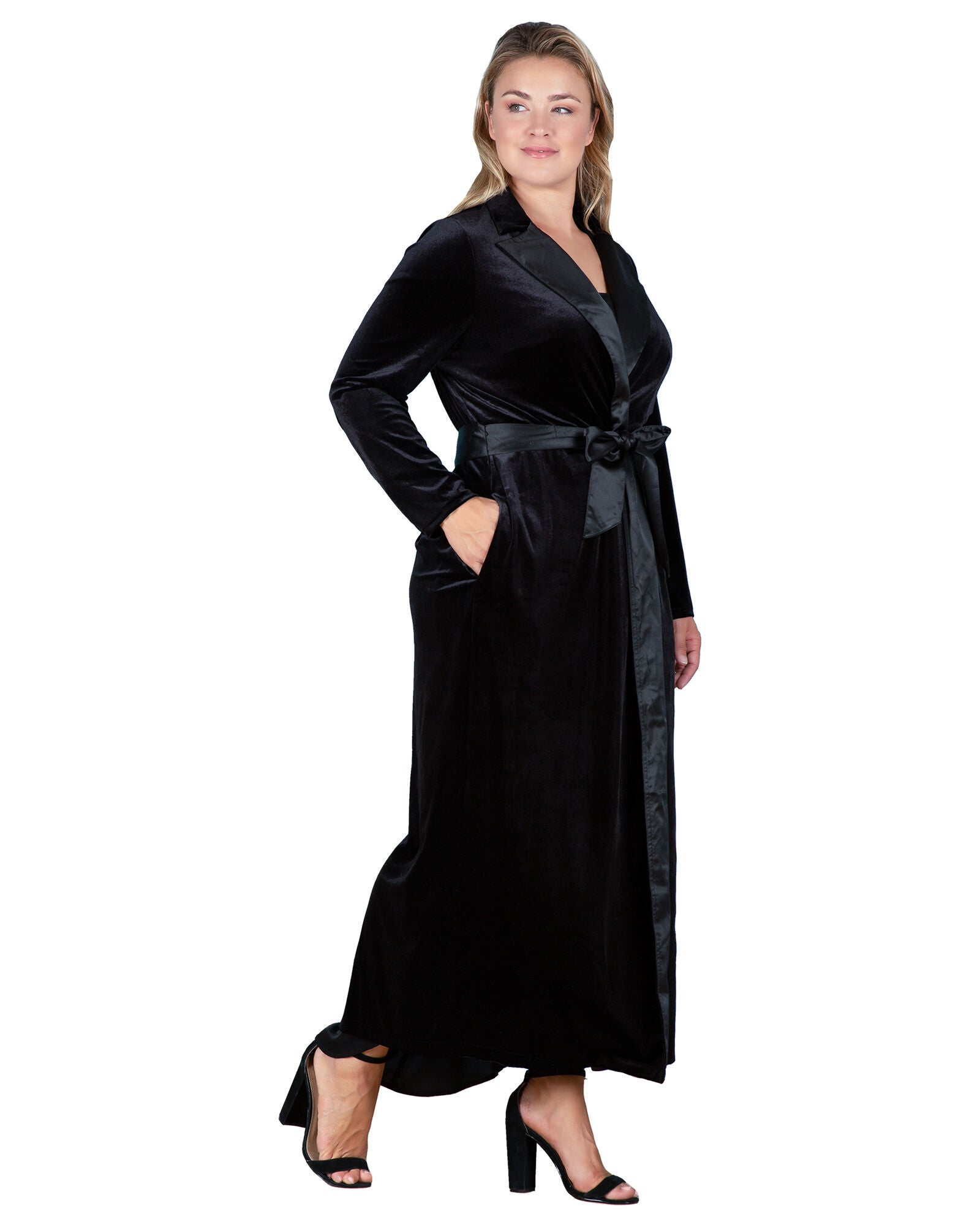Plus Size Freya Stretch Velvet Wrap Midi Coat Dress With Satin Lapel And Satin Belt, Black / Black, alternate image number 3