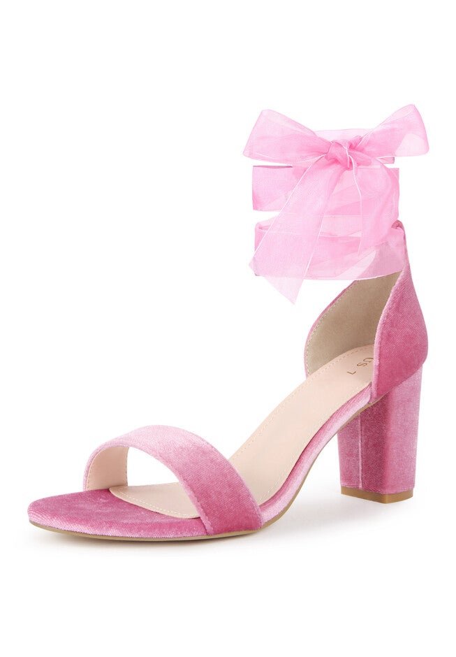 Chunky Heels Lace Up Ballet Velvet Sandals, Light Pink / Pink, alternate image number 3
