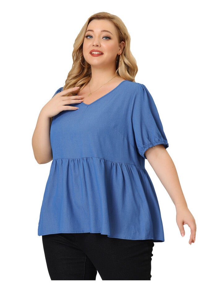 Summer Babydoll Top Puff Sleeve Chambray Short Sleeves Blouse, Blue / Chambray Denim Medium, alternate image number 3