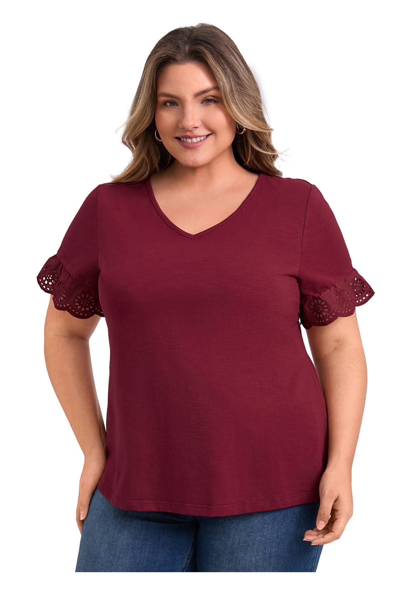 Eyelet Embroidered Lace Short Sleeve Blouse V Neck Top, Burgundy / Burgundy, hi-res image number 0