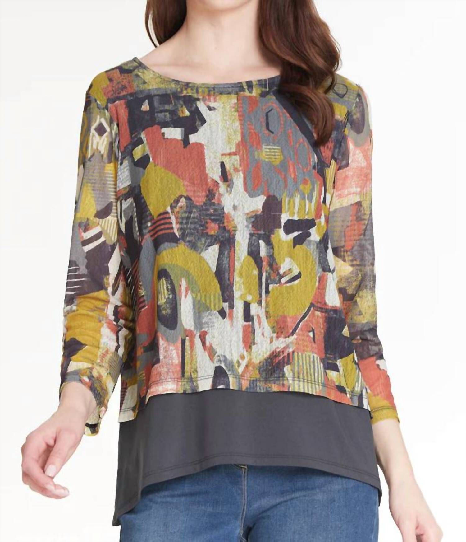 3/4 SLEEVE SCOOP NECK LAYERED HI-LO PRINT SOLID KNIT TOP IN MULTI, , alternate image number 6