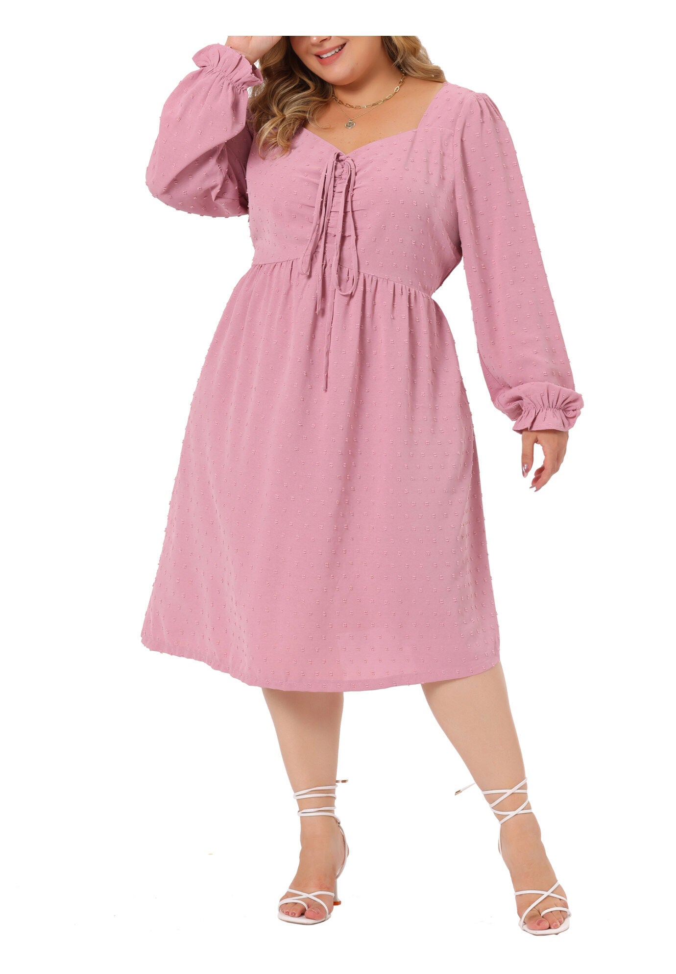 Swiss Dots Long Sleeve Sweetheart Neck Ruffle Tiered Midi Dress, Pink / Pink, alternate image number 2