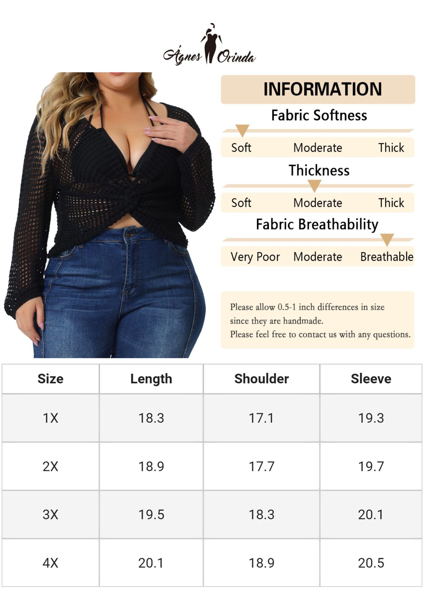 Mesh Crochet Crop Top Hollow Out Knit See Through Cover Up, Black / Black, alternate image number 3