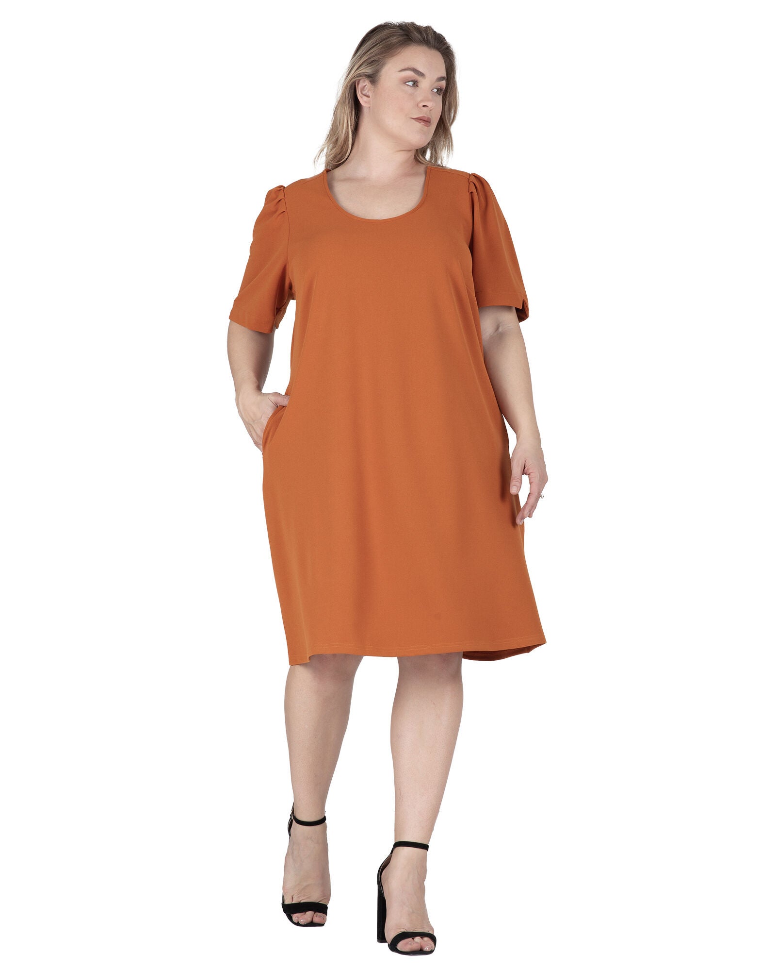 Alice Women&#39;s Plus Size Puffed Sleeves Scoop Neck Midi Dress, Timber / Burnt Orange, alternate image number 1