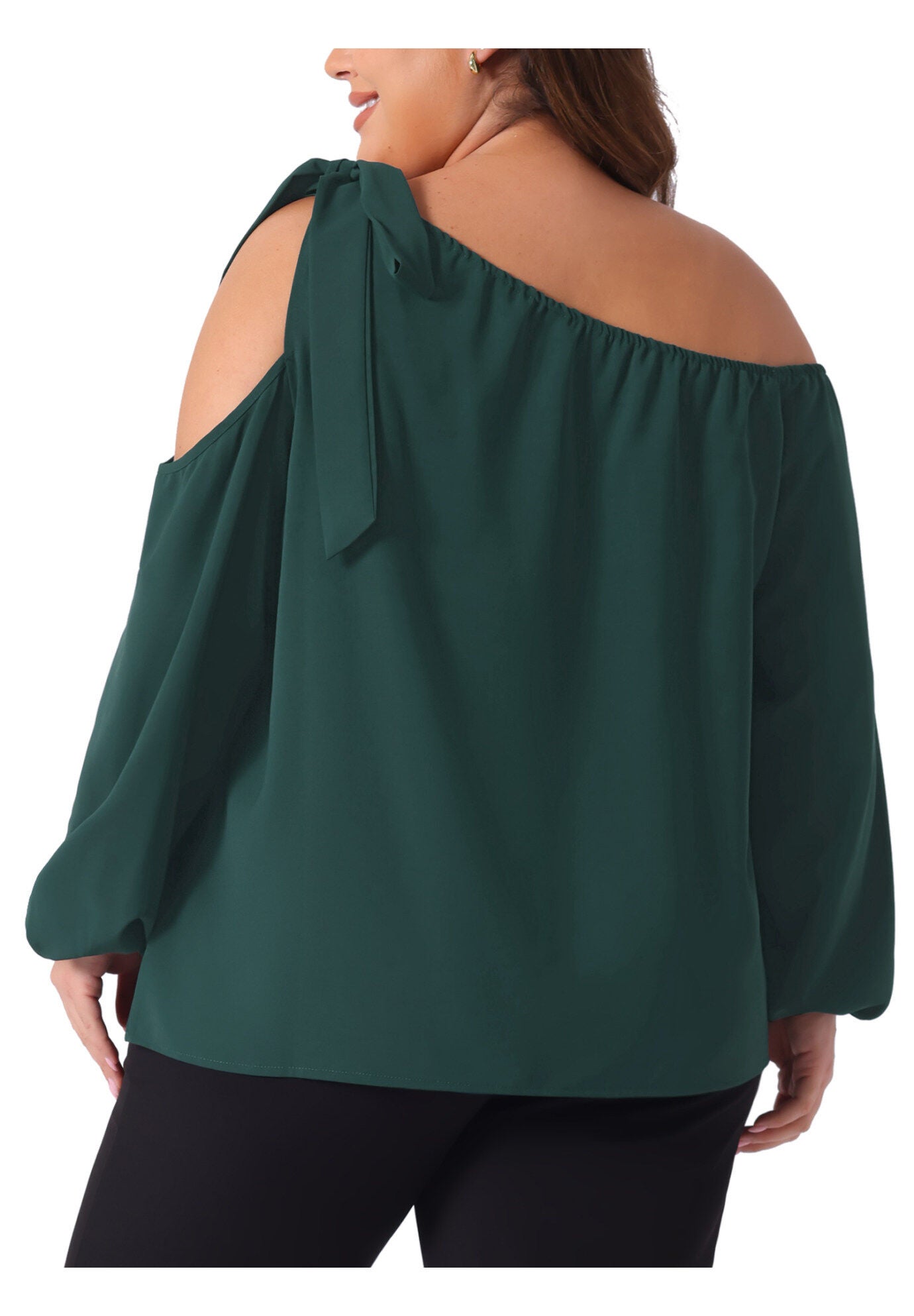 Cold Shoulder Tie Long Sleeve Blouse T-Shirt Tee Top, Dark Green / Forest Green, alternate image number 3