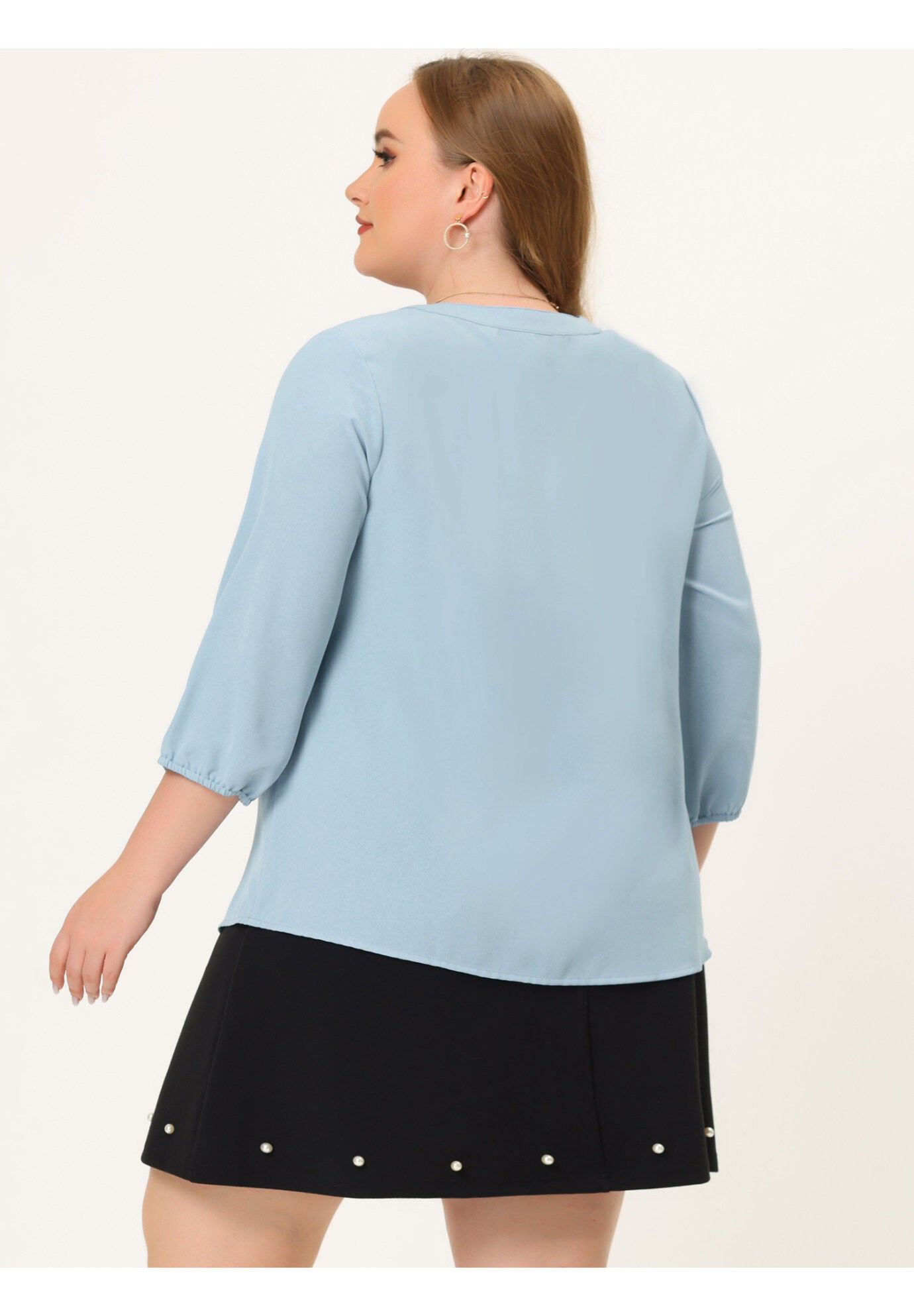 Work Round Neck Ruffle Chiffon Blouse Top, Baby Blue / Light Blue, alternate image number 3