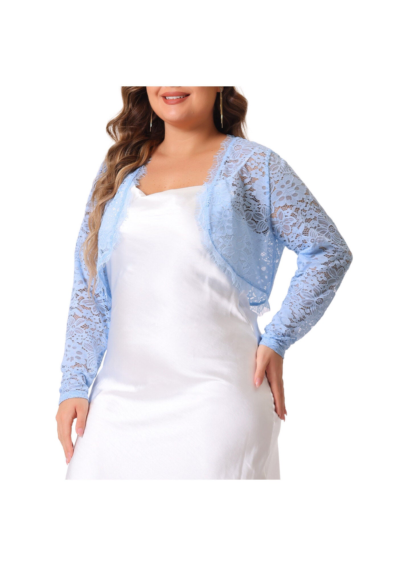 LONG SLEEVE FLORAL LACE SHRUG, Light Blue / Light Blue, alternate image number 2