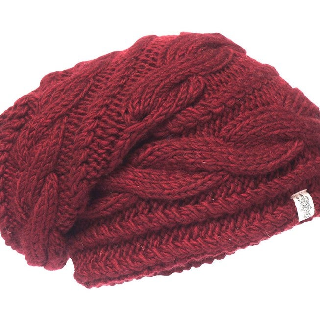 TRIPLE BRAID CABLE SLOUCH HAT IN BURGUNDY, Burgundy / Red, hi-res image number 0