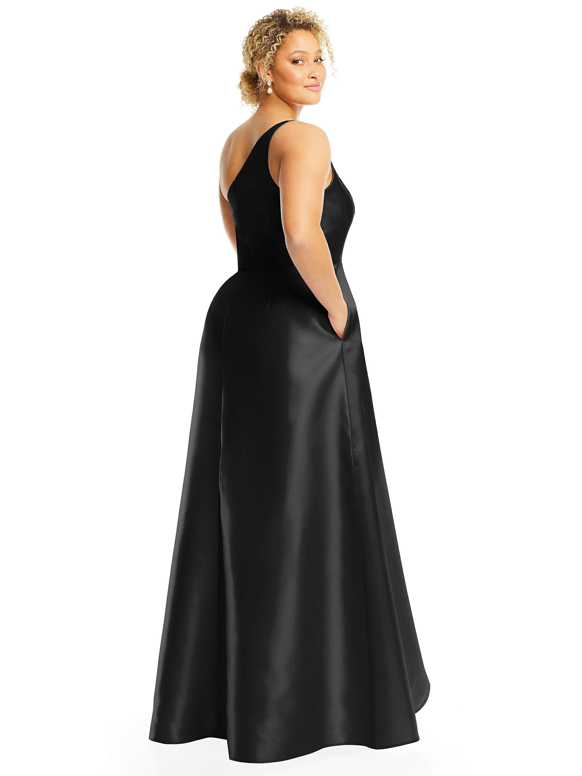 One-Shoulder Satin Gown with Draped Front Slit and Pockets, Black / Black, alternate image number 2