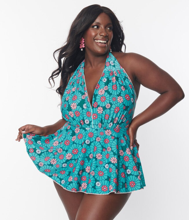 Unique Vintage Teal Flower Child Skirted Wendy Swimsuit, Teal Flower Child / Teal, hi-res image number 0