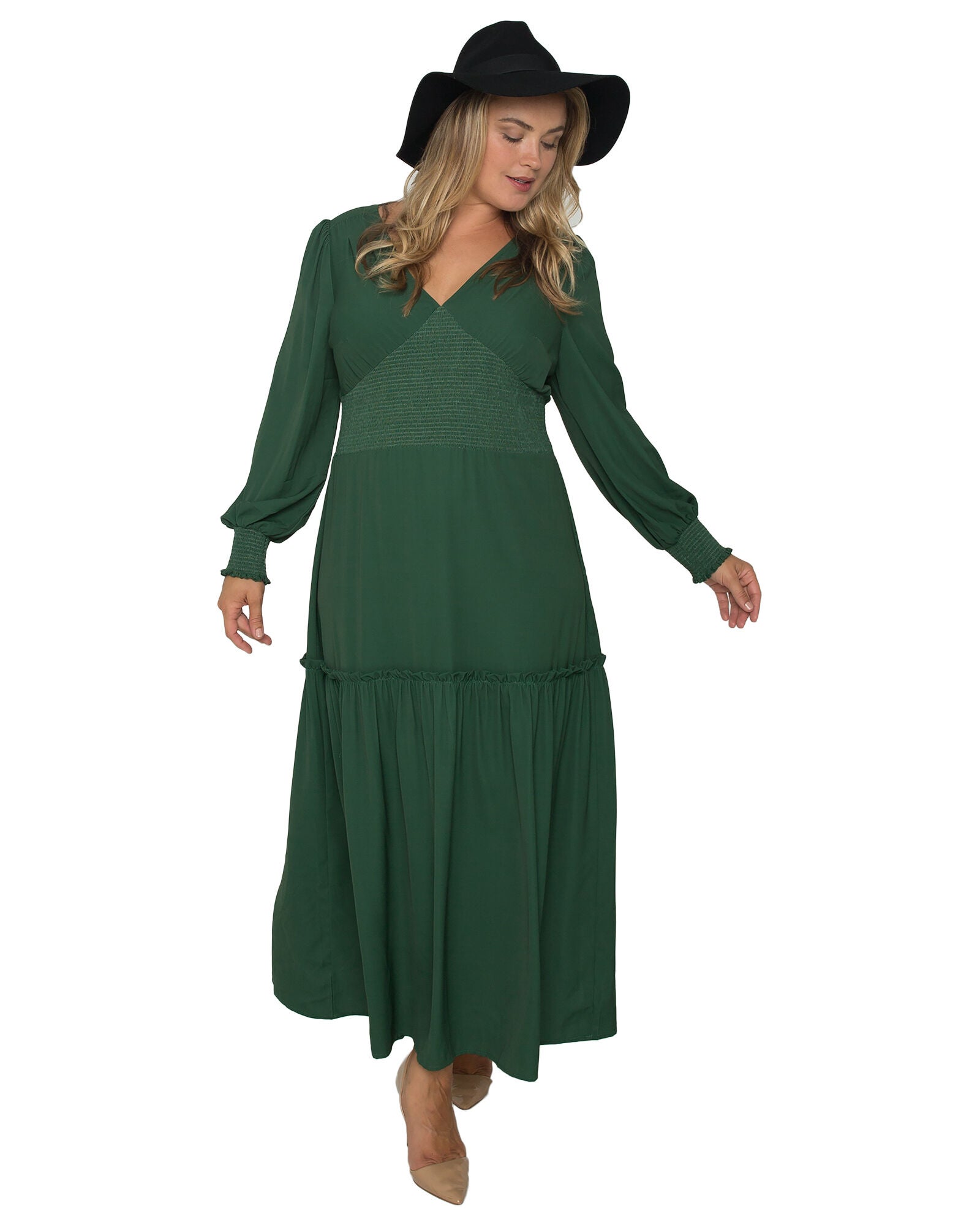 Plus Size Zina Smocked Waist Long Sleeve Maxi Dress, Green / Hunter Green, alternate image number 1