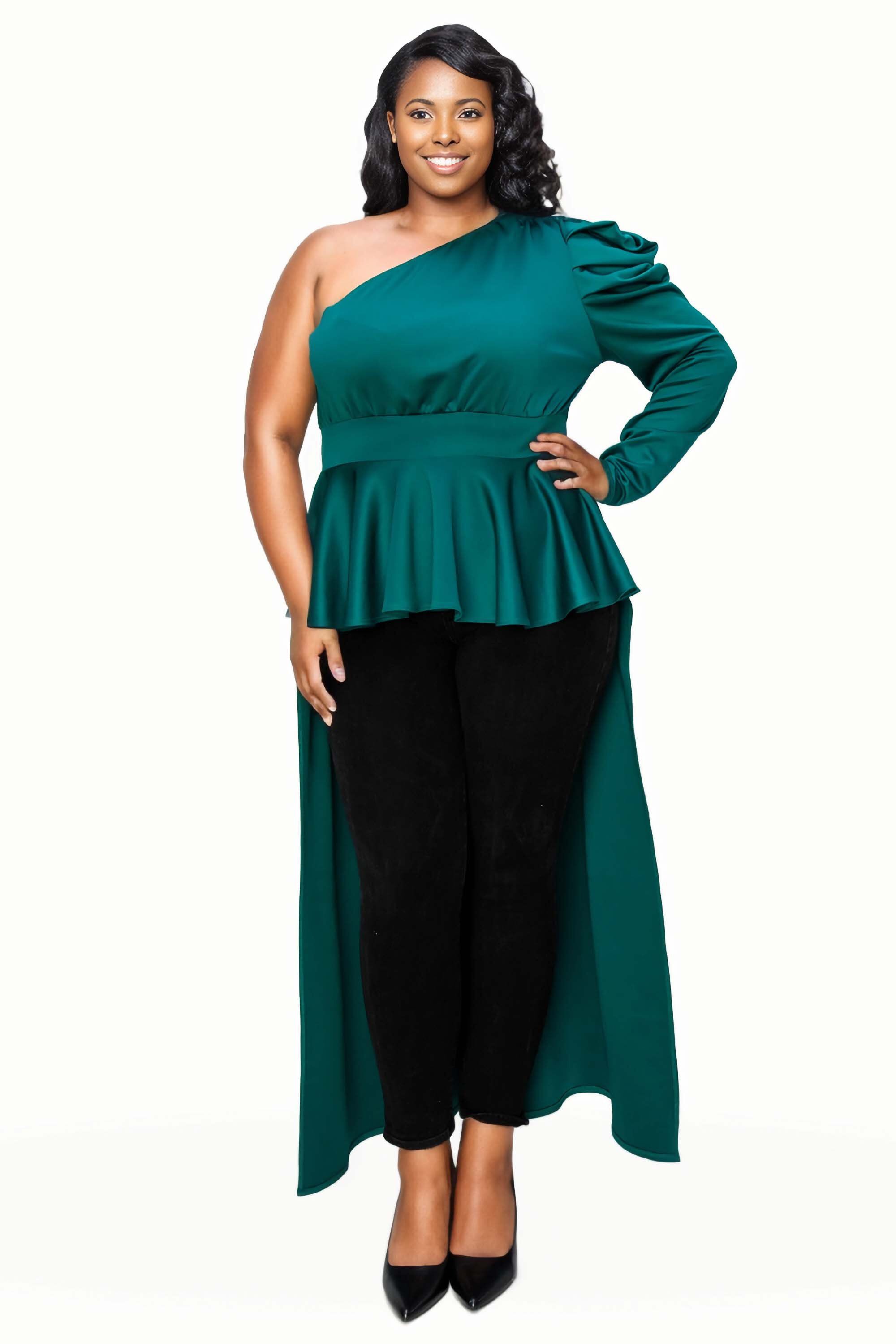 NICOLETTE ONE SHOULDER PEPLUM TOP, Emerald / Hunter Green, hi-res image number 0