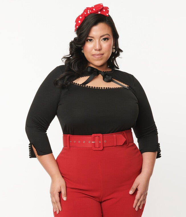 Unique Vintage Black Cutout Neck Tie Top, Black / Black, hi-res image number null