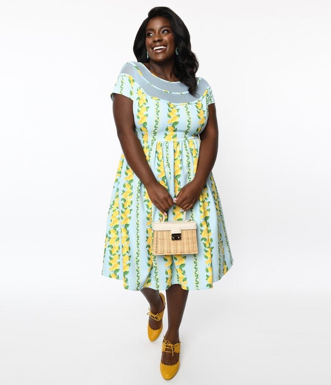 Unique Vintage Plus Size Mint & Lemon Print Flare Dress, Mint Lemon Print / Mint, alternate image number null