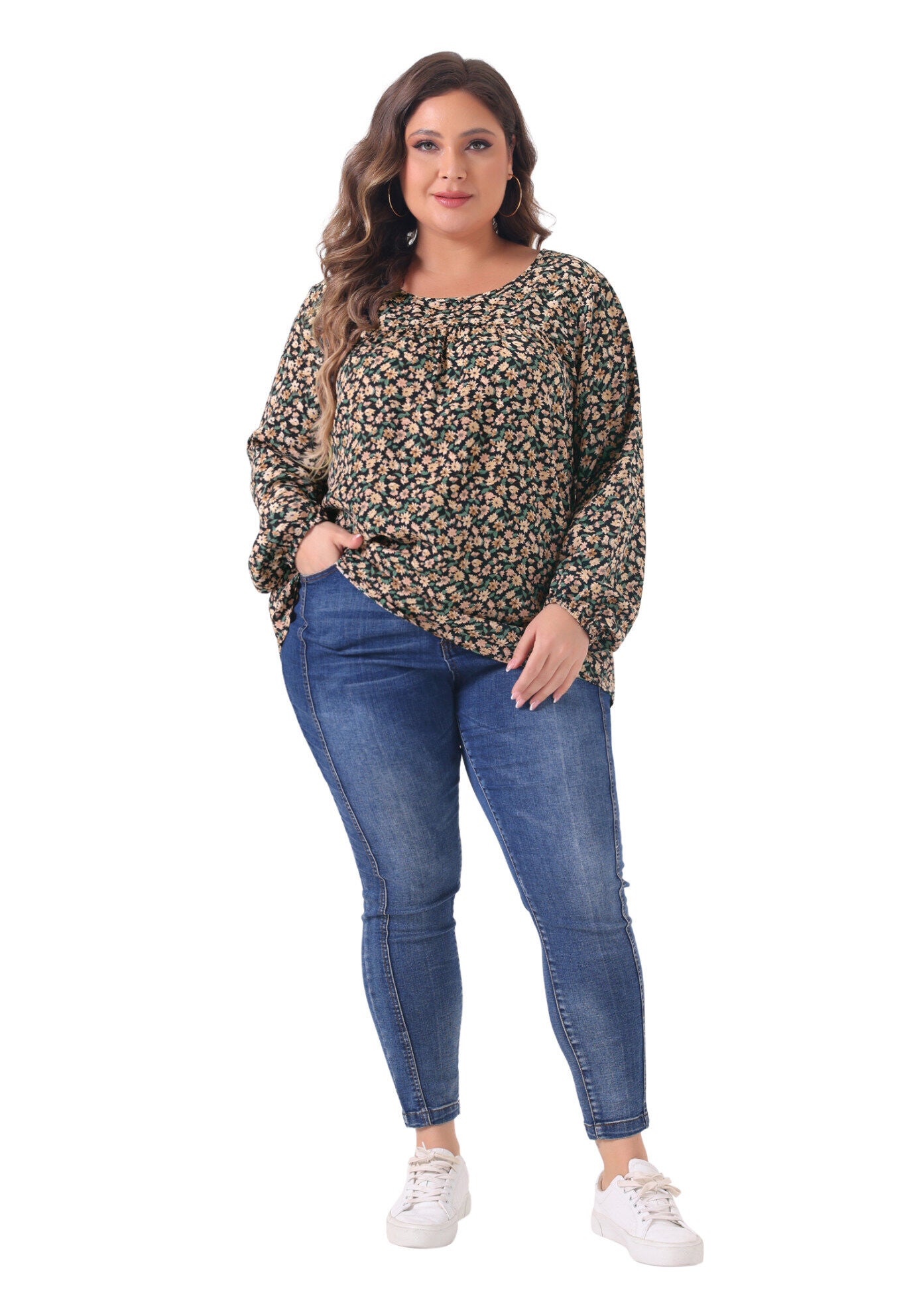 Long Sleeve Floral Print Casual Shirt Blouse Top, Black Beige / Beige, hi-res image number 0