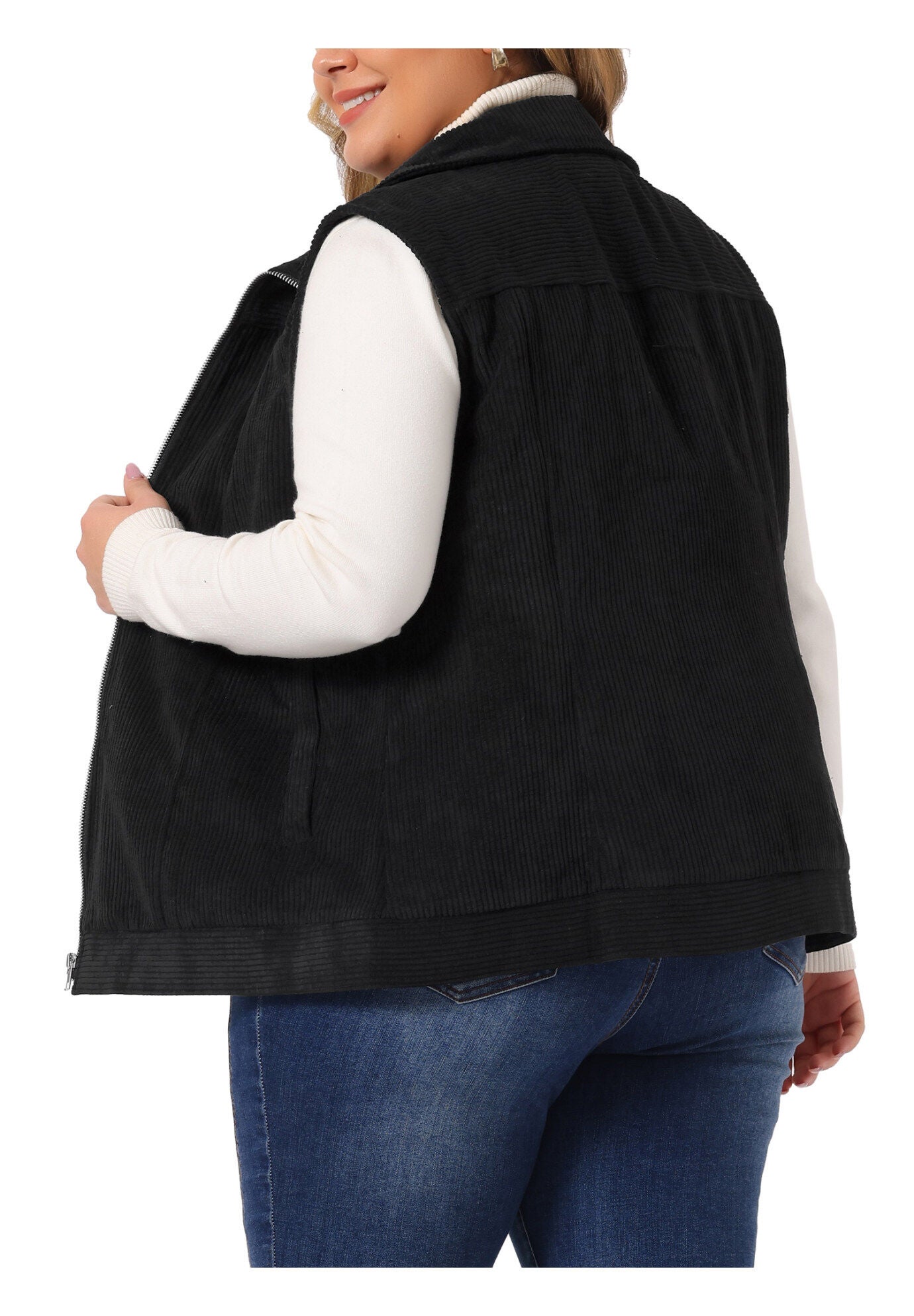 SLEEVELESS ZIPPER SIDE POCKET CORDUROY VEST, Black / Black, alternate image number 3