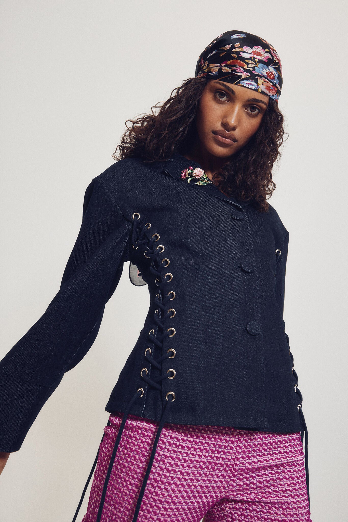 Lace up Exaggerated Slv Denim Jacket, NAVY / Dark Wash, alternate image number 2