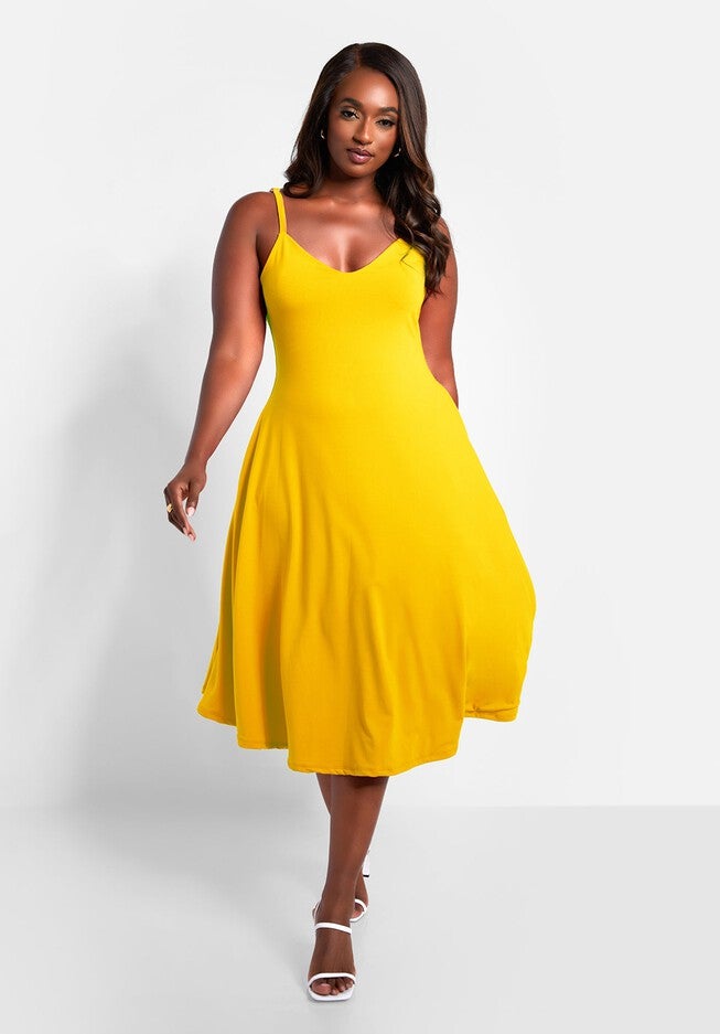 Essential V Neck Strappy Midi Skater Dress, Yellow / Yellow, alternate image number 1