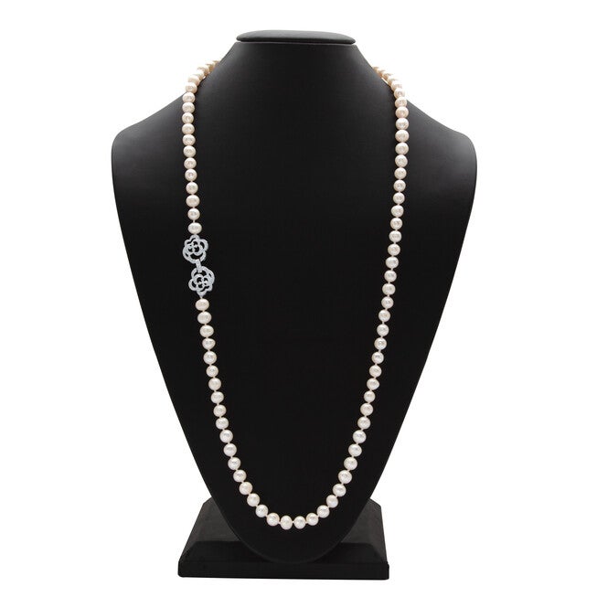 1.42 Cttw. White Genuine Pearl Necklace W/Cubic Zirconia Clasp Silvertone 32 inches, White / White, alternate image number 3