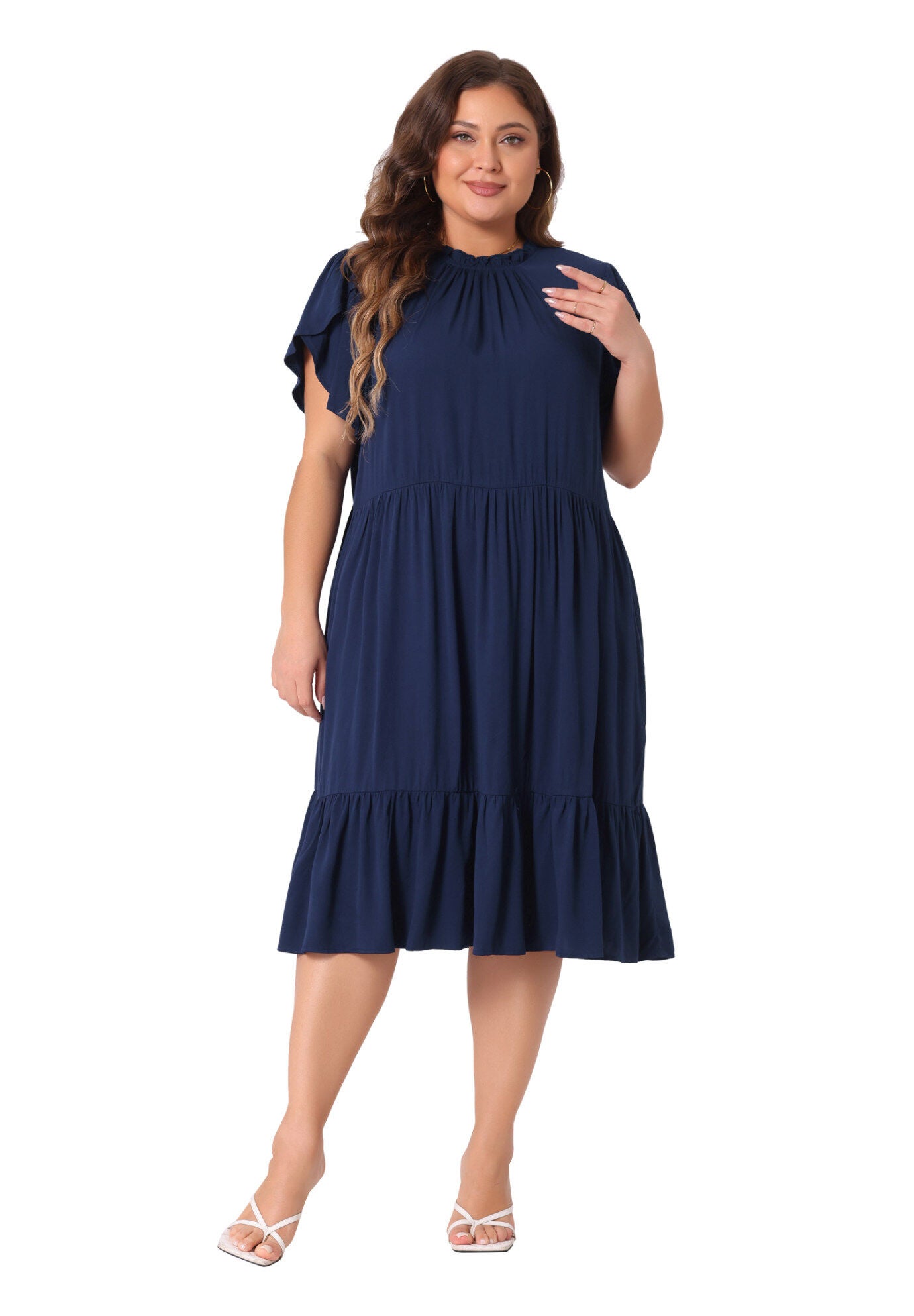 TIE BACK PETAL SLEEVE MOCK NECK RUFFLE HEM A-LINE SWING MIDI DRESS, Navy Blue / Navy, hi-res image number 0