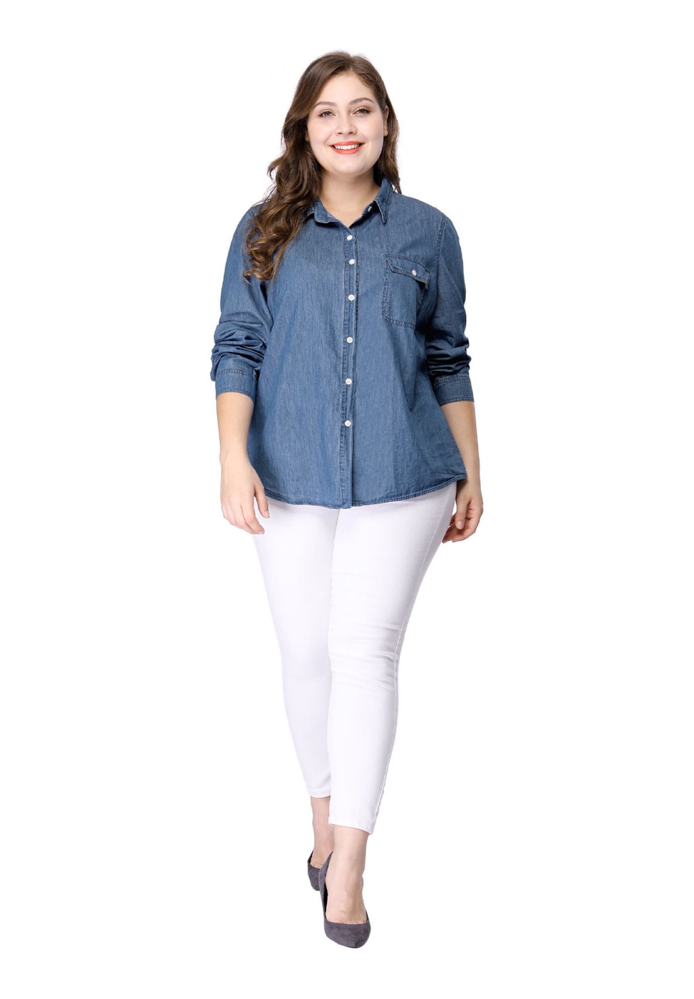 Button Down Long Sleeve Chest Pocket Chambray Shirt, Navy Blue / Chambray Denim Medium, alternate image number 3