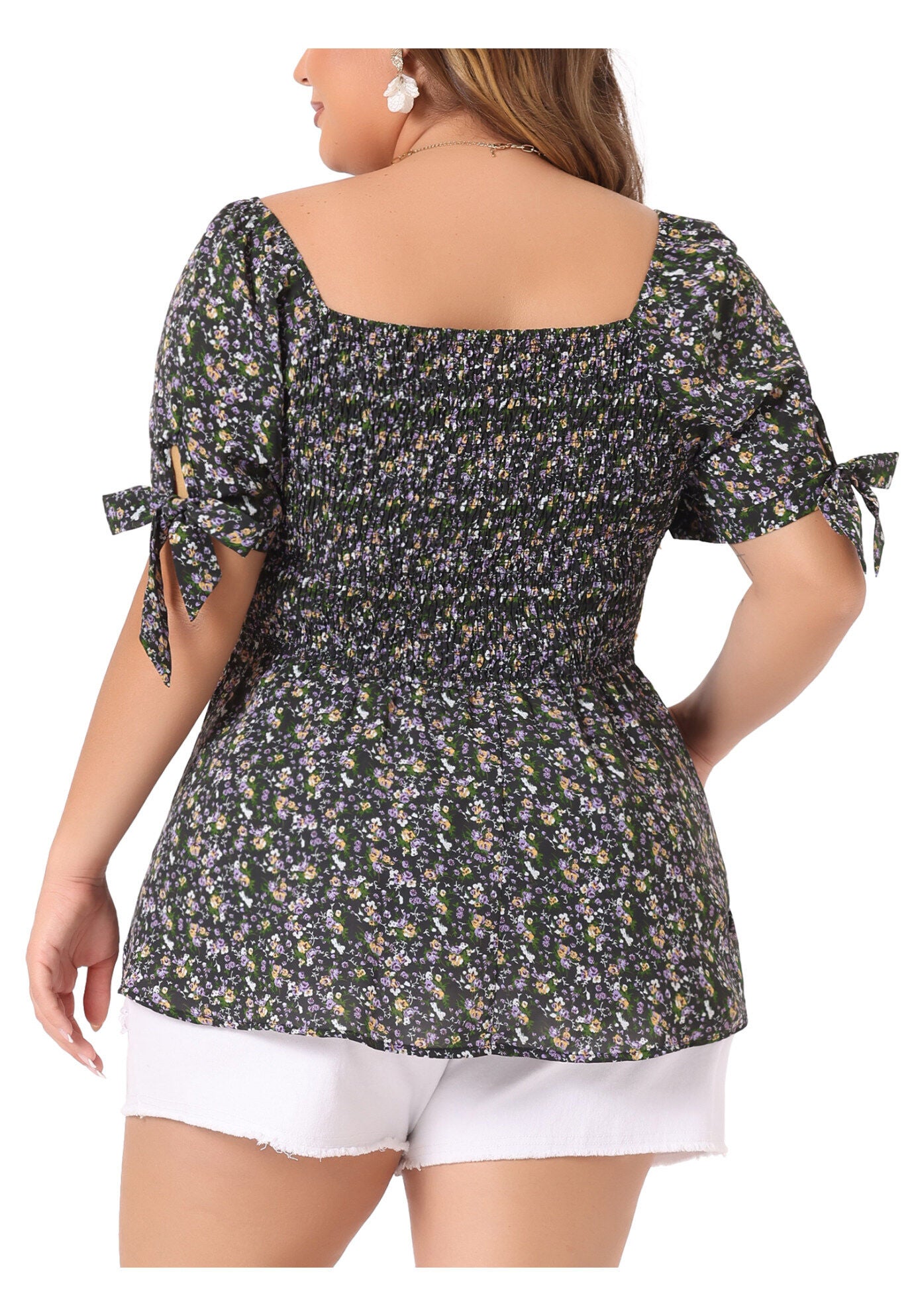 Summer Square Neck Smocked Bow Tie Short Sleeve Peplum Blouse, Black Purple / Purple, alternate image number 3