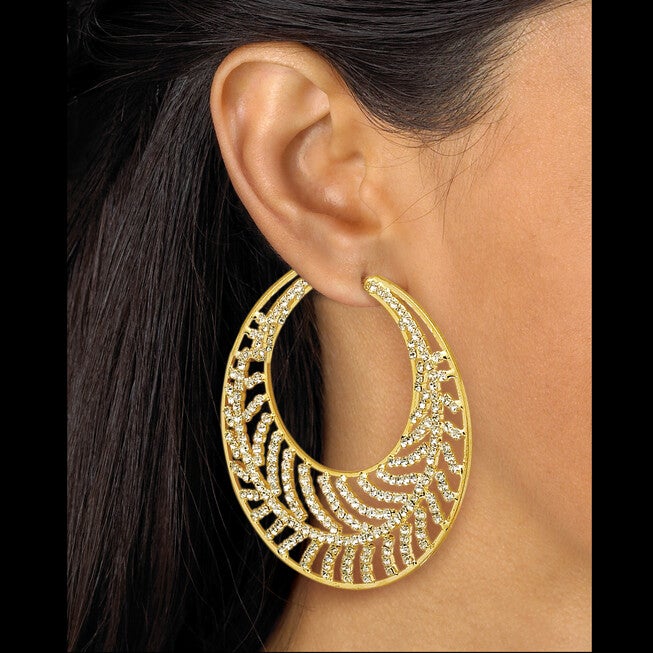 Round Crystal Goldtone Leaf Hoop Earrings 2 1/3 inches, White / White, alternate image number 2