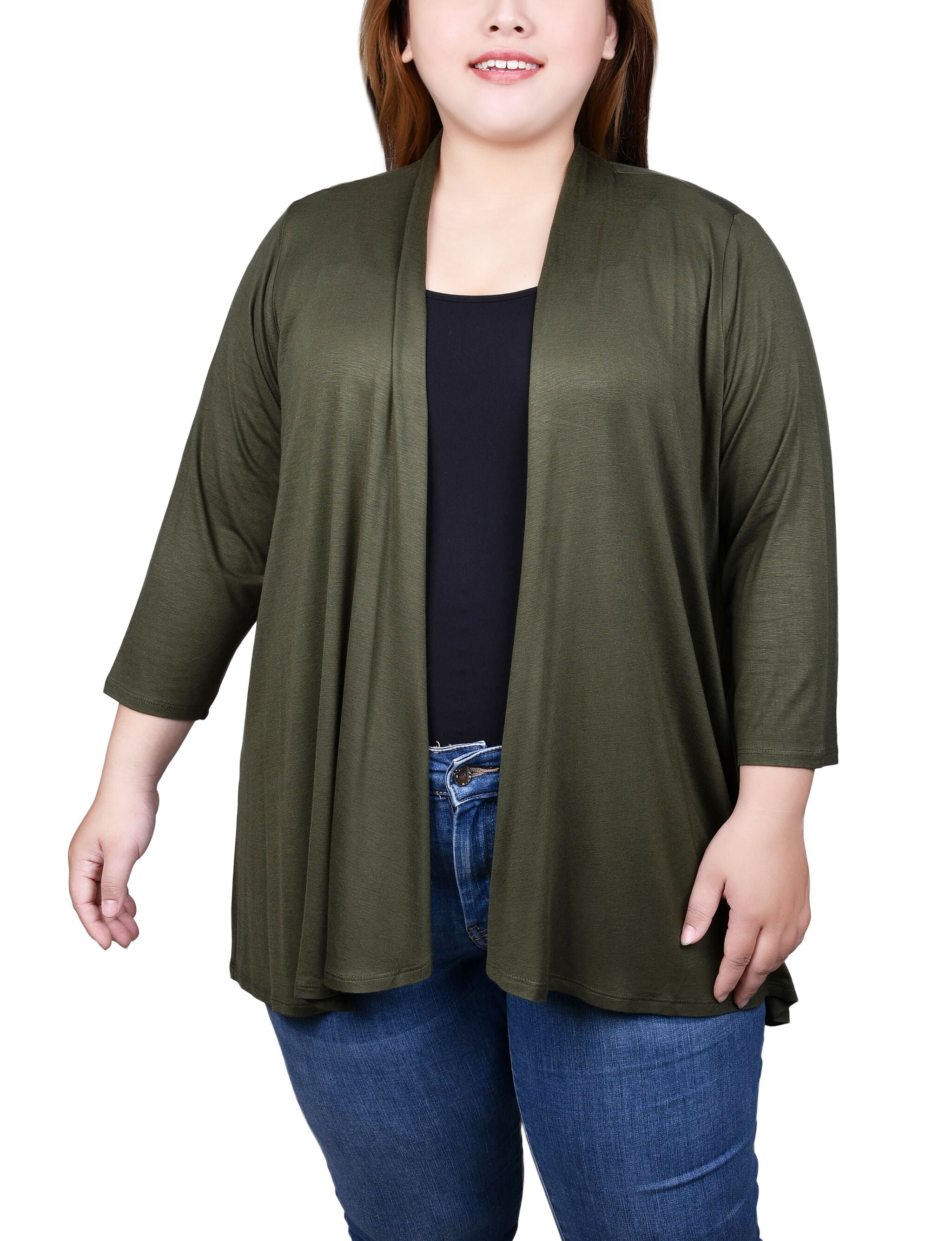 3/4 Sleeve Solid Cardigan, Olivine, hi-res image number 0