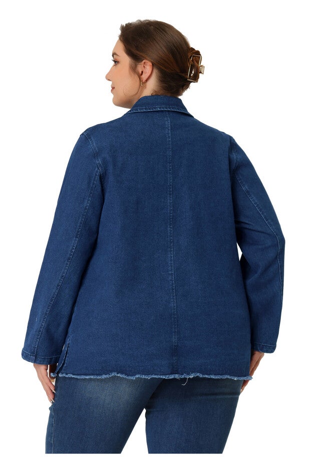 Notched Lapel Button Raw Hem Denim Blazer Jacket, Dark Blue / Chambray Denim Medium, alternate image number 3