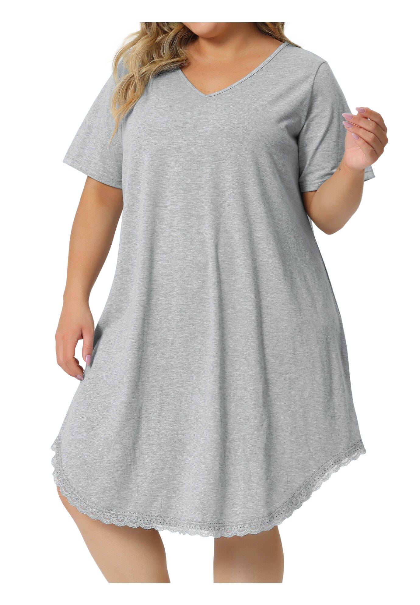 Short Sleeve V Neck Pajama Sleepdress, Light Gray / Light Grey, alternate image number 1