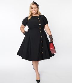Unique Vintage Black Button Swing Dress
