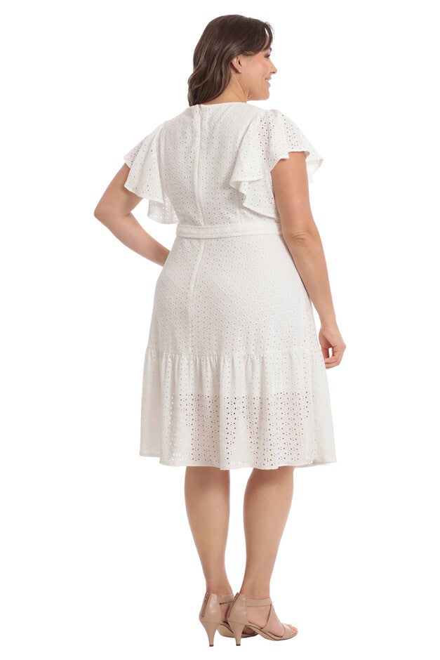 Diamond dot embroidered flutter sleeve tiered midi dress, White / White, alternate image number null