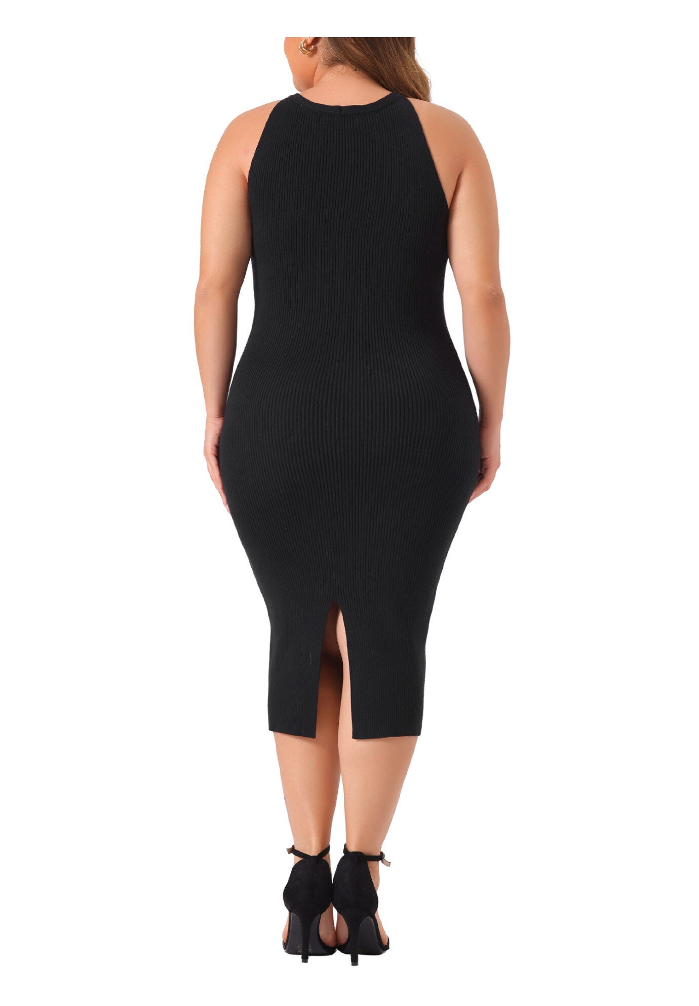 Twist Front Halter Neck Ribbed Sleeveless Bodycon Midi Sweater Dress, Black / Black, alternate image number 3