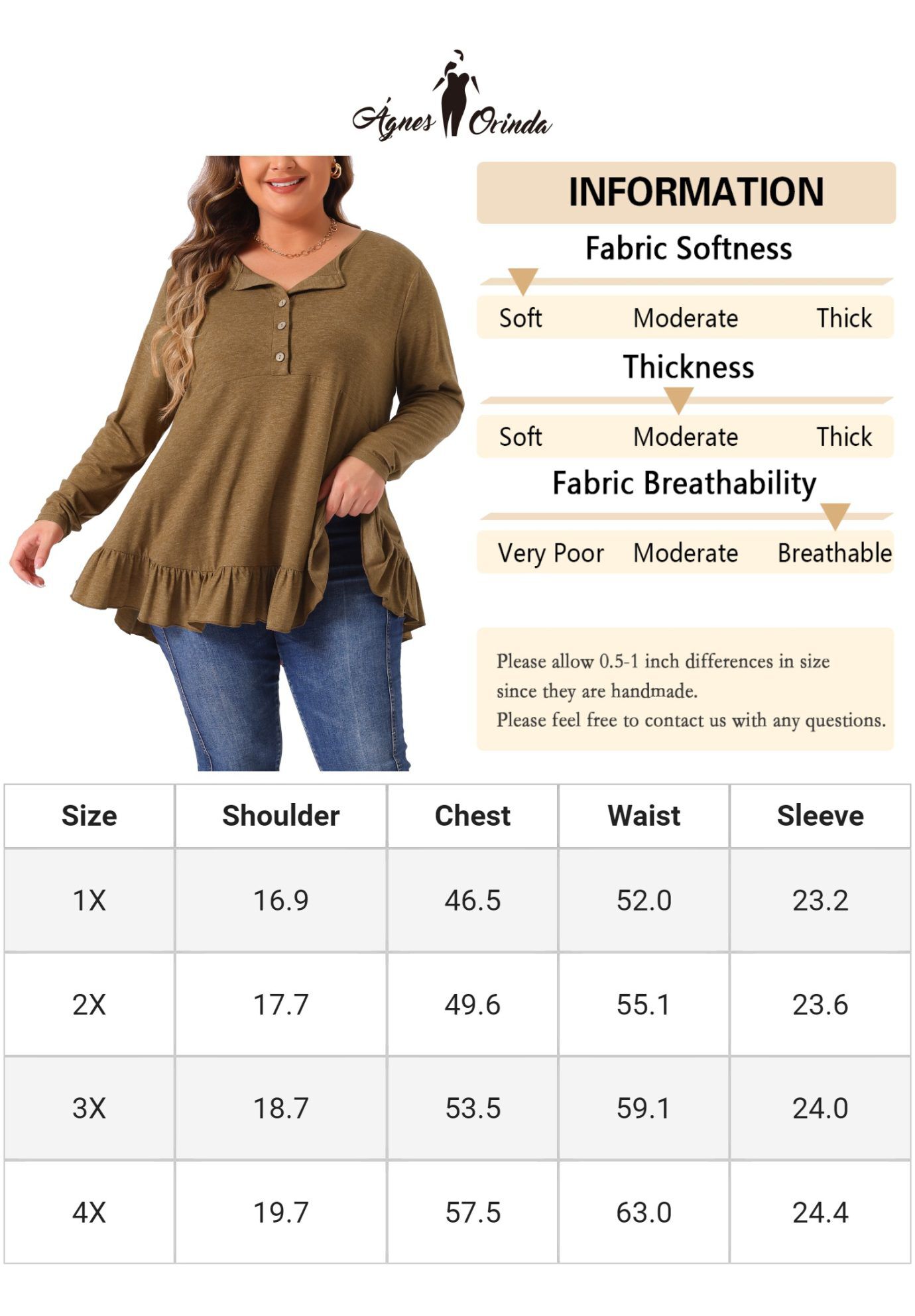 Henley V Neck Ruffled Hem Flowy Blouse Tunic, Brown / Brown, alternate image number 3