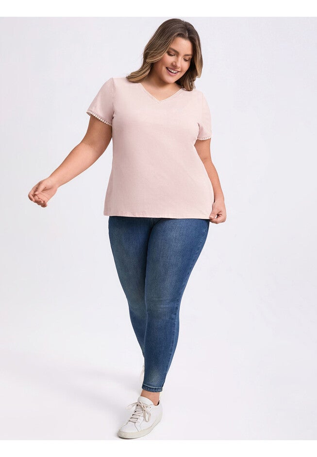 Crochet Trim V Neck Blouses Short Sleeve Casual Tee Top, Light Pink / Pink, alternate image number 1