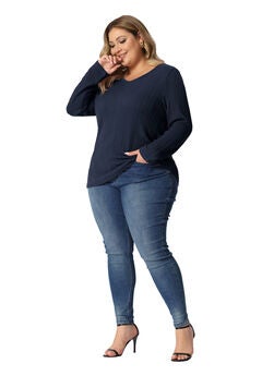 V Neck Long Sleeve Basic Knit Top Tee T-Shirt