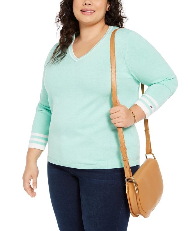 Tommy Hilfiger Women's Plus Cotton V Neck Pullover Sweater Green Size 1X, Green / Forest Green, hi-res image number 0