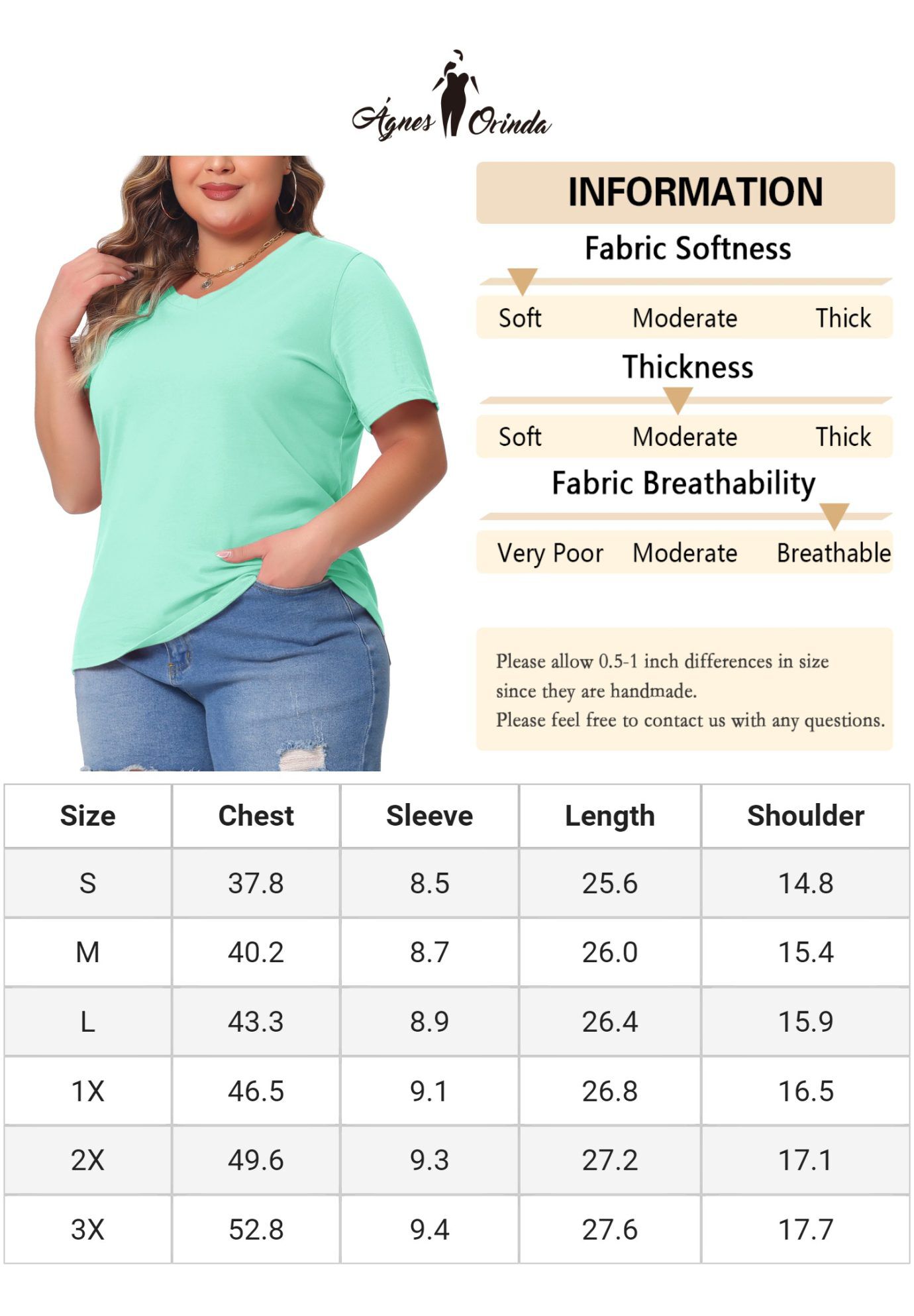 Short Sleeve V Neck Basic T-Shirt Top, Mint Blue / Mint, alternate image number 4