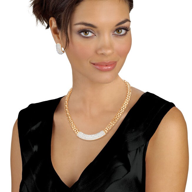 Round Crystal Goldtone Earring and Snake-Link Choker Necklace Set 17 inches-20 inches, , alternate image number 6