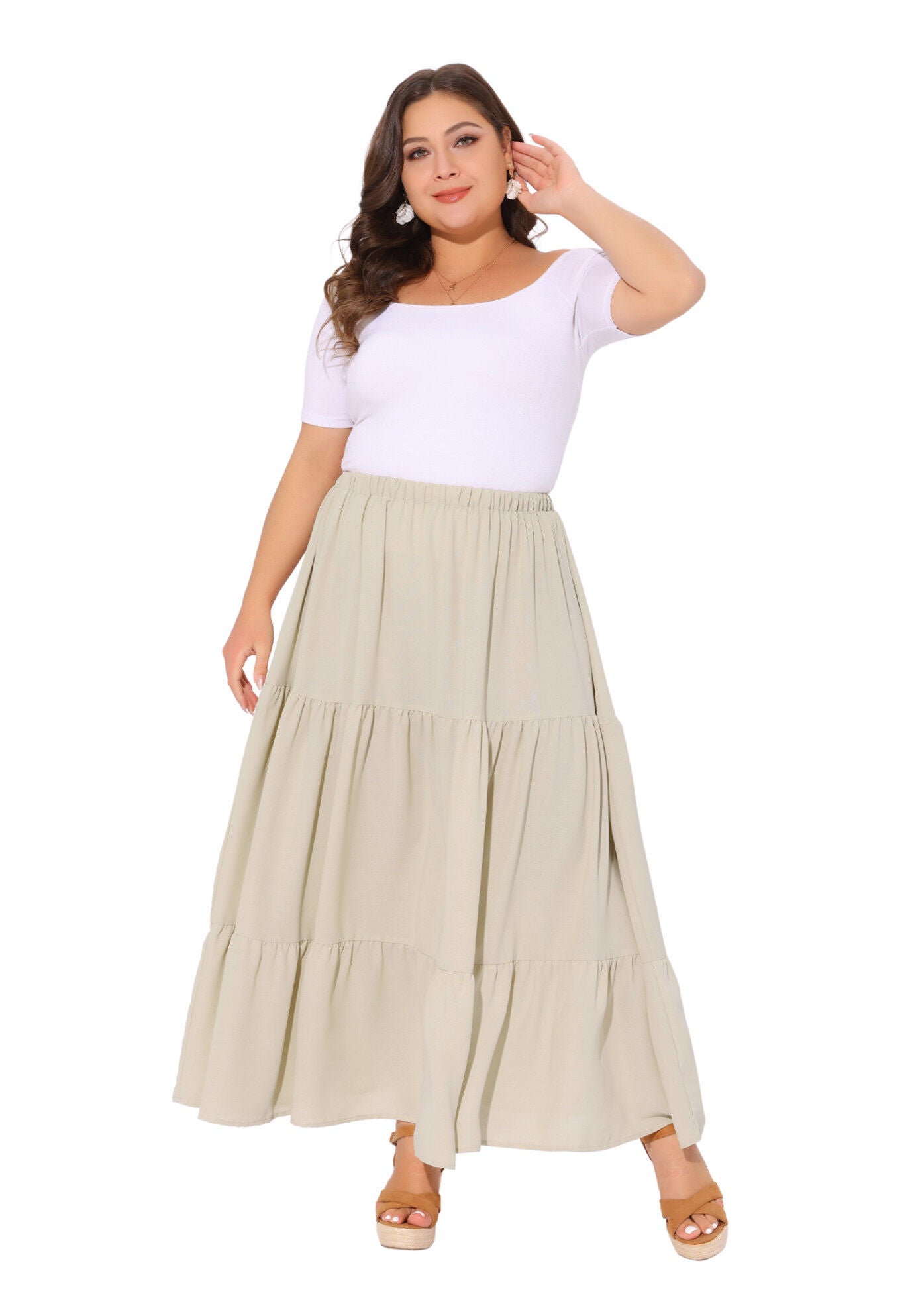 Elastic High Waist Boho Flowy A Line Long Swing Maxi Skirt, Beige / Beige, hi-res image number 0