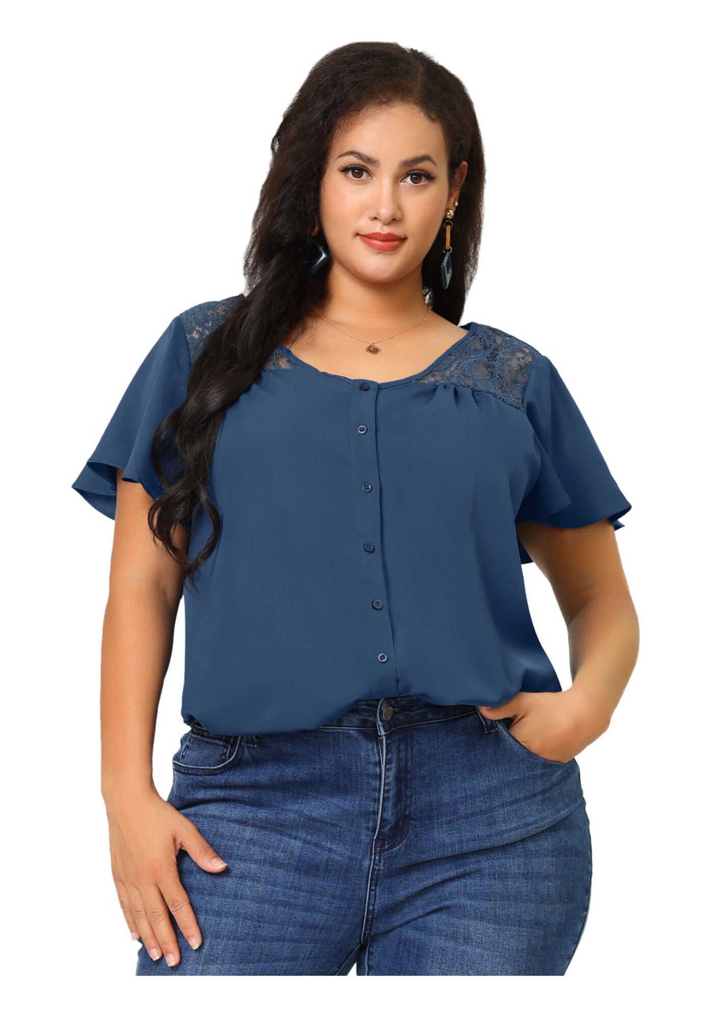 Chiffon Shirt Summer Lace V Neck Flare Sleeve Casual Work Top, Royal Blue / Royal Blue, alternate image number 3