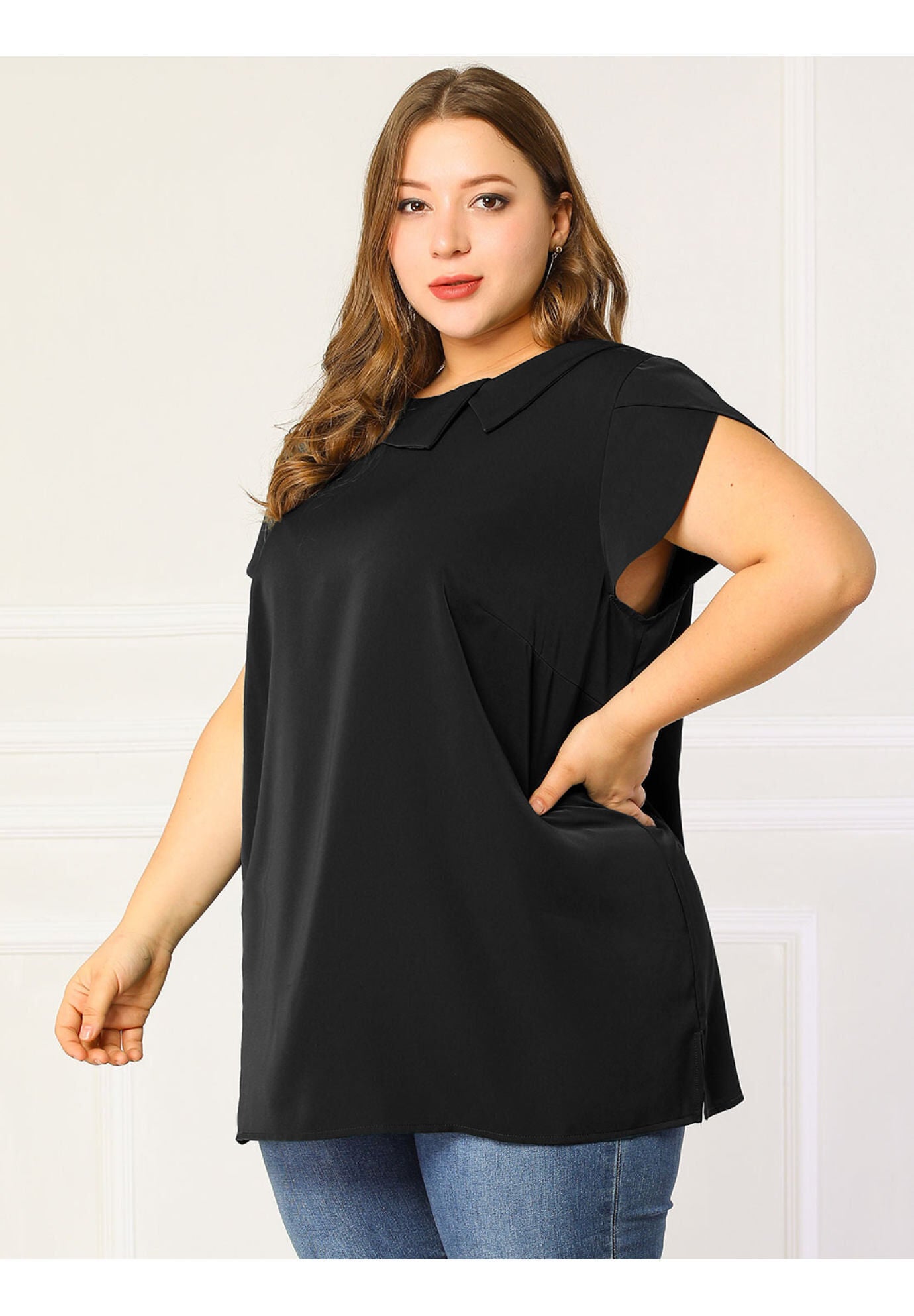 BOAT NECK FLUTTER SLEEVE CHIFFON TOP, Black / Black, alternate image number 3
